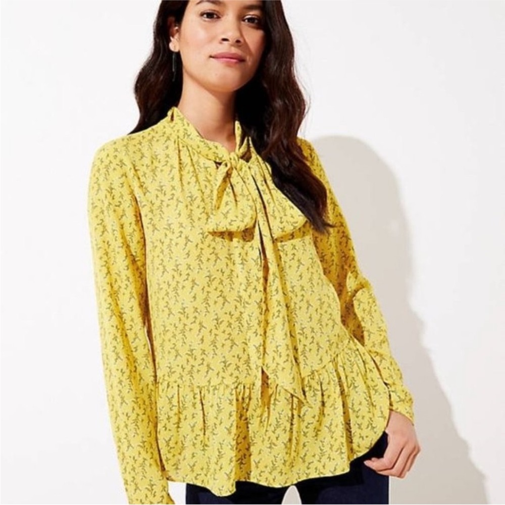 Loft Small Yellow Floral Vine Peplum Tie Neck Blouse